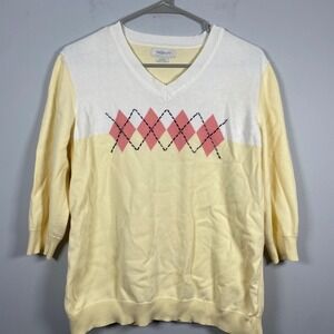Van Heusen Sweater Women's Large Yellow Argyle V-Neck Preppy Academia Classic
